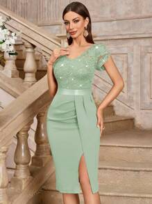 MIUSOL Elegant Sequin Lace Ruched Split Thigh Cocktail Party Bodycon Dress, Wedding Guest Dress