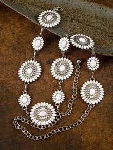 1pc Women's Silver Color Turquoise Decor Waist Chain, Versatile Metallic Floral Print Bohemian Zinc Alloy Waist Belt, Suitable For Everyday, Party, Date Wear, Spring/Summer/Autumn/Winter