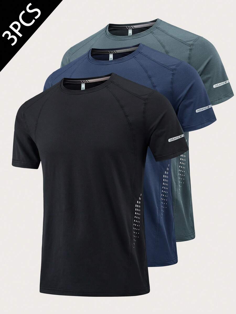 3 件装男士短袖速干运动圆领 T 恤 - 夏季运动跑步健身锻炼 T 恤，透气速干，适合跑步、锻炼、健身锻炼