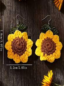 1 Par de Brincos Minimalistas Tricotados com Flor, Girassol e Folha Verde, Design Criativo para Mulheres, Uso Casual