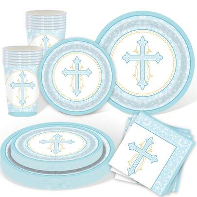 Blue First Holy Baptism Tableware Set God Bless Paper Plates Napkins Cups Baptism Party Supplies Pink Baptism Decorations God Bless Supplies For Baptism
