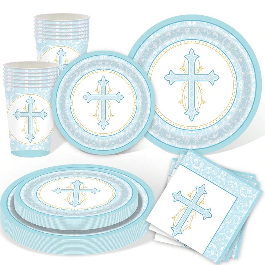 Blue First Holy Baptism Tableware Set God Bless Paper Plates Napkins Cups Baptism Party Supplies Pink Baptism Decorations God Bless Supplies For Baptism
