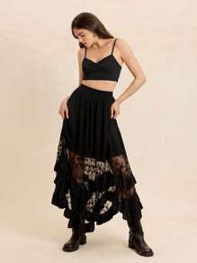 Rusttydustty Gonna midi a pieghe elegante e vintage in stile bohémien, con elementi in pizzo nero e motivo asimmetrico, adatta per outfit da spiaggia, festival musicali Hawaii Coachella e vacanze tropicali