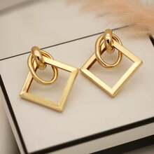1 对简约几何方形金属设计女士时尚耳钉 - 金黃色 - 查看 3