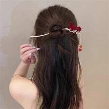 1 Peça Presilha de Cabelo com Flor de Camélia Vermelha, Suporte Elegante para Coque, Acessório de Cabeça Estilo Chinês Hanfu com Borla, Pente de Cabelo para Outono/Inverno, Pente Lateral, Material Escolar
