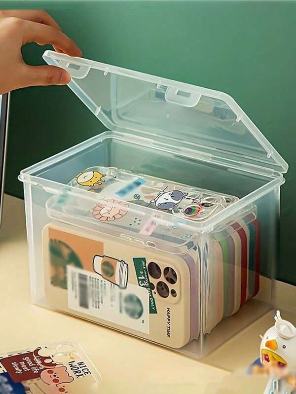 Caja de almacenamiento de plástico transparente de gran capacidad con tapa abatible - Organizador de escritorio apilable y duradero para fundas de teléfono, electrónicos, papelería y artículos pequeños - Estilo moderno, fácil de usar, organizador de papelería|Diseño transparente y elegante|Diseño apilable, organizador de almacenamiento