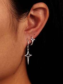 一对不对称 925 银耳环套装，光滑的四角星形耳环适合女性和男性日常休闲场合，或作为女儿和侄女的节日礼物 - 銀色 - 查看 3