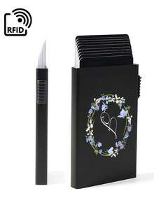 1pc A-Z Letters Print Credit Card Holder Wallet Women RFID Blocking Thin Slim Automatic Pop-Up Card Holder Metal Aluminum AlloyMinimalist Wallet Small Purse Metal Wallet Rfid Anti-Theft ID Credit Card Holder Minimalist Carte Aluminium Metal Wallets Pocket Case Bank Women Men Cardholder Box - Black - View 2