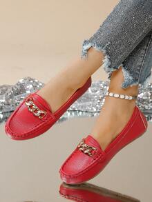 Women's Spring New Stylish Gold Chain Slip-On Loafer Shoes, Lightweight Comfortable Rubber Flat Versatile Casual Shoes - Red - View 2