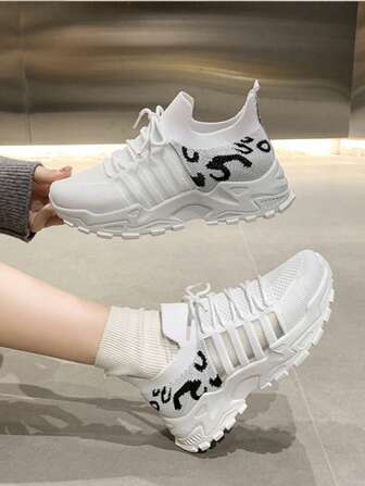 Knitted Lace-Up Women's Shoes, Casual Fashion Sneakers, Spring/Autumn 2025 New Korean Version Breathable Sports Chunky Sneakers