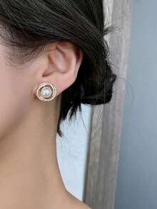 Women's Pearl Zirconia Plated Earring - Vàng - Xem 4