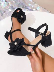 Women's Faux Flower High Heel Sandals, Chunky Heel, Fairy Style, Summer Outdoor Wear, Versatile, Soft Bottom, One-Buckle Strap, Black Open Toe High Heels, Elegant Formal Dress Heels For Dress, Cheongsam - Black - View 3