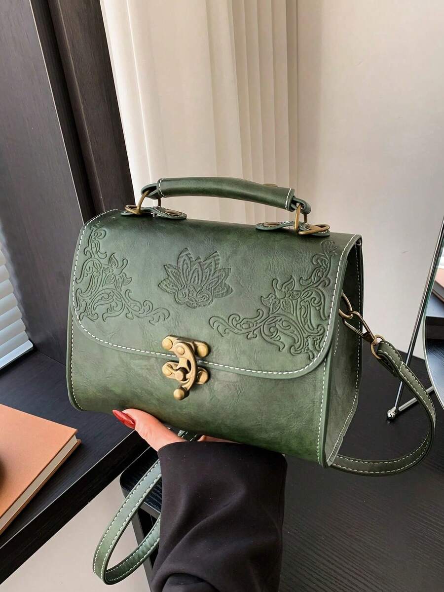 1pc PU Leather Embossed Pattern Fashionable Metal Lock Decor Tote Shoulder Bag, & Chic - Green - View 1