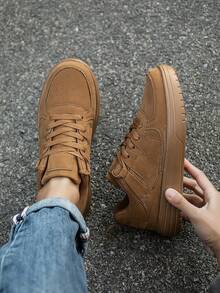 Men's Street-Style Comfortable Low-Top Flat Casual Sneakers, Solid Retro High-End Minimalist Design Lace-Up Low Top Leisure Shoes - Brown - View 9