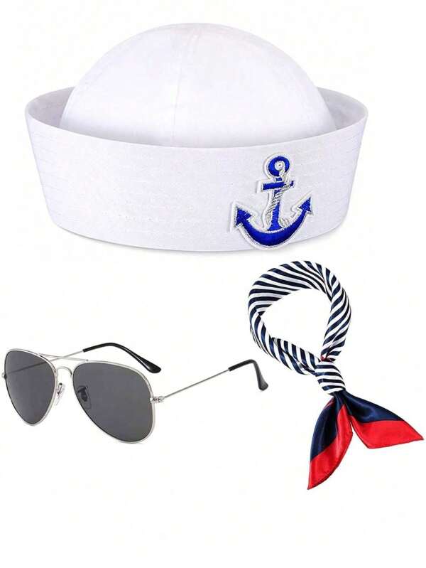 3pcs/Set Sailor Hat (Hat + Scarf + Glasses), White Yachting Captain Hat, Nautical Theme, For Men & Women, Beach Party, Fashion Style