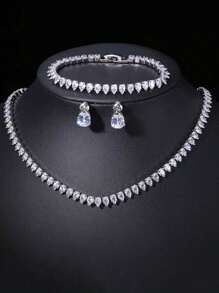 4-Piece Fashionable And Luxurious Cubic Zirconia Banquet Style Wedding Women's Necklace Bracelet Earring Set Jewelry