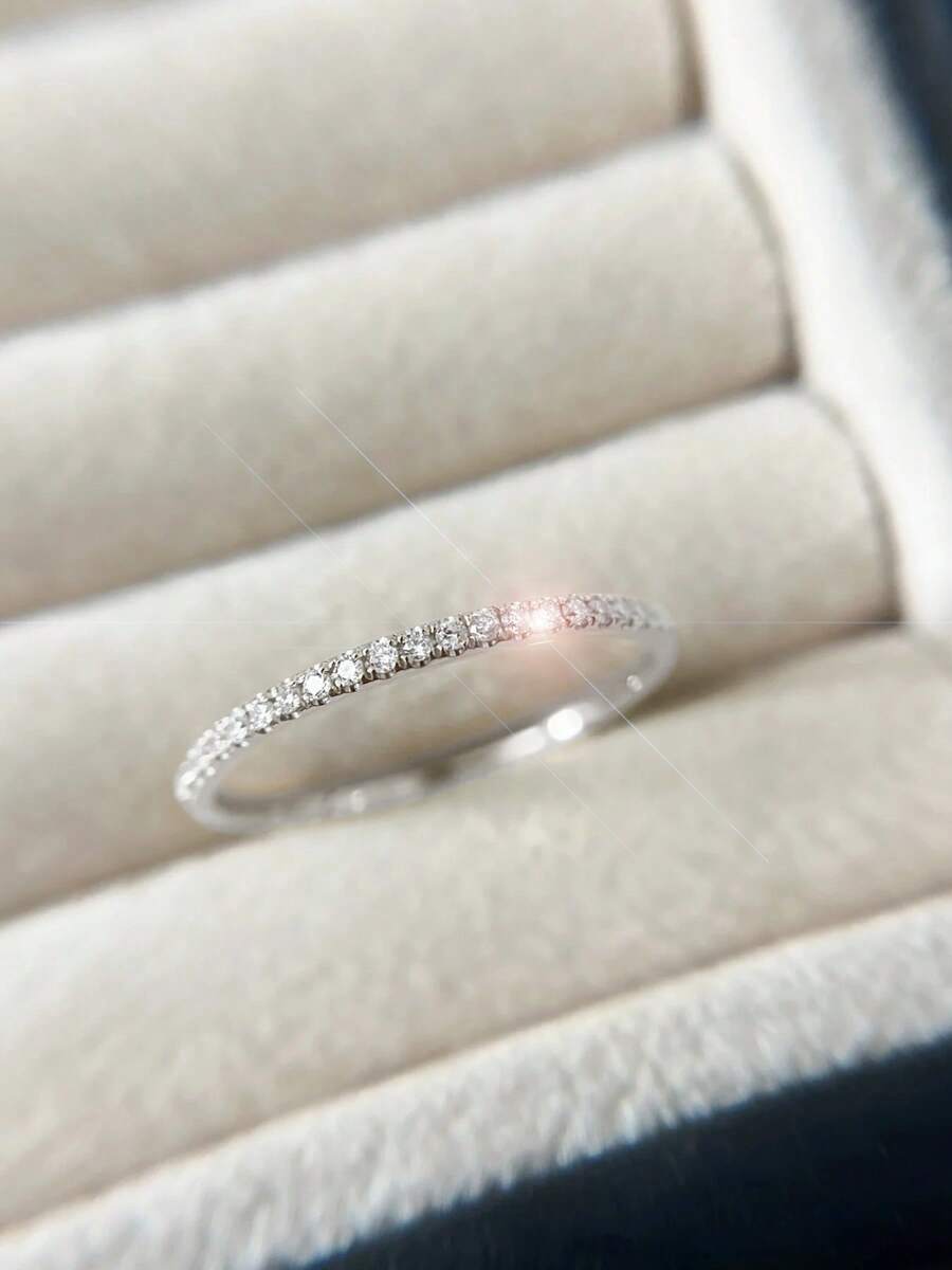 1pc 925 Sterling Silver Plated Platinum Simple INS Style Bar Ring, Minimalist European & American Fashion Niche Single Row Half Circle Micro-Inlaid Diamond Knuckle Ring - White - View 1