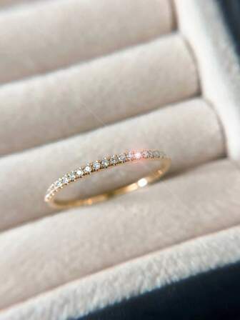 1pc 925 Sterling Silver Plated Champagne Gold Simple INS Style Bar Ring, Minimalist European & American Fashion Niche Single Row Half Circle Micro-Inlaid Diamond Knuckle Ring