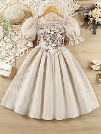 Vestito casual elegante da ragazza, con maniche a sbuffo, scollo quadrato e stampa a rose, per primavera/estate