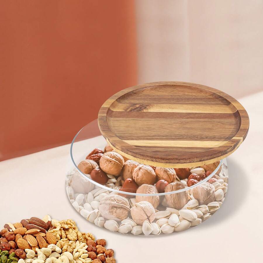 Rainaut Glass Bowl With Wooden Lid - Versatile Snack Serving Tray For Candy & Nuts, Round Food Storage Platter - Clear - View 1