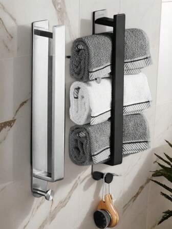 Towel Holder, Black, Self-Adhesive Towel Rail, No Drilling, Stainless Steel, Guest Towel Holder, Bath Towel Holder, Adhesive With Hooks For Bathroom