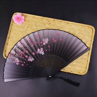 1pc Vintage Bamboo Folding Fan, Sakura Design With Gradient Black To Purple Color, Tassel Detail, Traditional Chinese Hanfu Dance Accessory, Portable Fan For Women, Decorative Gift, Suitable For Graduation Season Summer Cooling,Beach,Travel