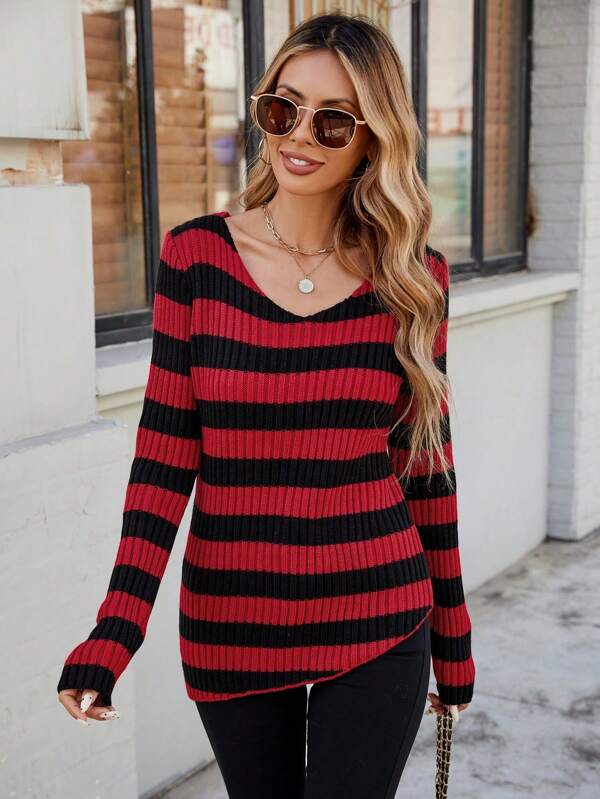 Vestido casual de manga larga con cuello en V, diseño a rayas y hombros descubiertos, de estilo gótico, en punto de contraste para mujer VIBEWAVE
