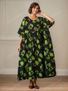 Top, 2025 Green Flower Dress, Daily Ladies Plus-Size Dress, Summer Crew-Neck Sleeved Full Print Breathable Holiday Casual Dress, Holiday Beach Wear, Bohemian Elegant Dress