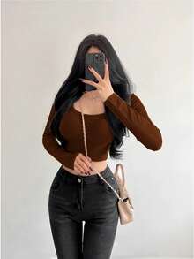 Women's Long Sleeve T-Shirt Ribbed Fabric S M L - Coffee Brown - View 4