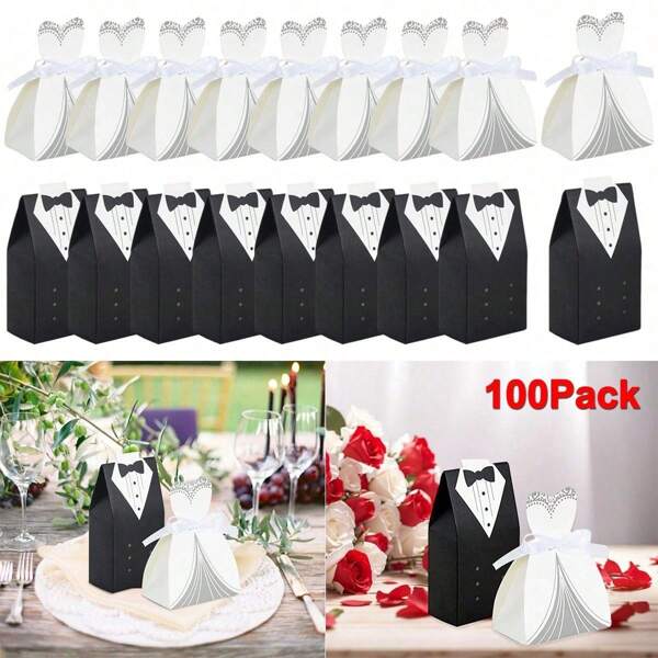 100 PEÇAS Caixa de Presente de Casamento Criativa, Caixa de Presente de Doces para Noivo e Noiva com Fita para Decoração de Festa de Casamento, Aniversário, Chá de Panela