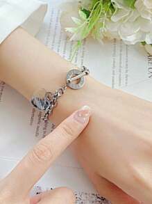 1pc Women's Sterling Silver Classic Engraved Heart Lip Chain Ot Bracelet
