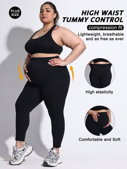 Plus Size Pregnant Women Seamless High Waist Elastic Solid Color Leggings, Basic Slim Fit Pants