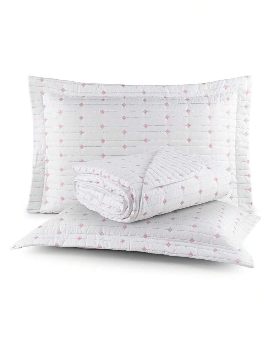 200 Thread Count Double-Sided Bedspread, Double/Queen/King/Single, Embroidered, 3-Piece Luxury Decor - White/Pink - View 1