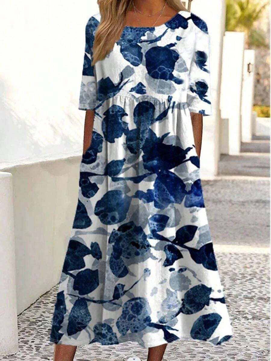 Vestido de manga corta con cuello redondo, estampado floral y de tinta, con bolsillos, de estilo casual para resorts, para mujer talla grande - Azul y blanco - Ver 1