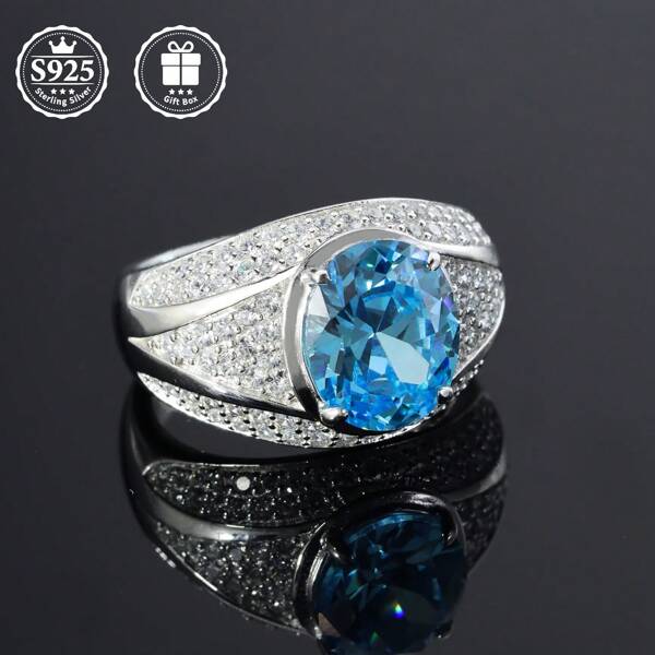 1pc S925 Sterling Silver Ring With Synthetic Topaz For Men, Luxurious And Elegant, Suitable For Wedding, Party, Father's Day And Mother's Day
