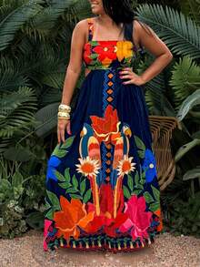 Plus Size Women Spring Floral Easter Women Dress Embroidered Maxi Dress - Color - View 3