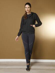 Women's Cold Weather Blouse Sweatshirt Coat With Zipper And Plain Hood Various Colors - 黑色 - 查看 2