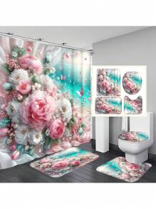 1 peça/4 peças Conjunto de Cortina de Chuveiro com Cenário de Praia Refrescante e Floral, Cria uma Atmosfera Romântica para o Banheiro, Cortina Impressa com 12 Ganchos, Tapete de Banheiro, Tapete em Forma de U para Vaso Sanitário, Tampa de Assento do Vaso Sanitário, Divisória de Banheiro, Acessórios de Banheiro, Decoração de Banheiro