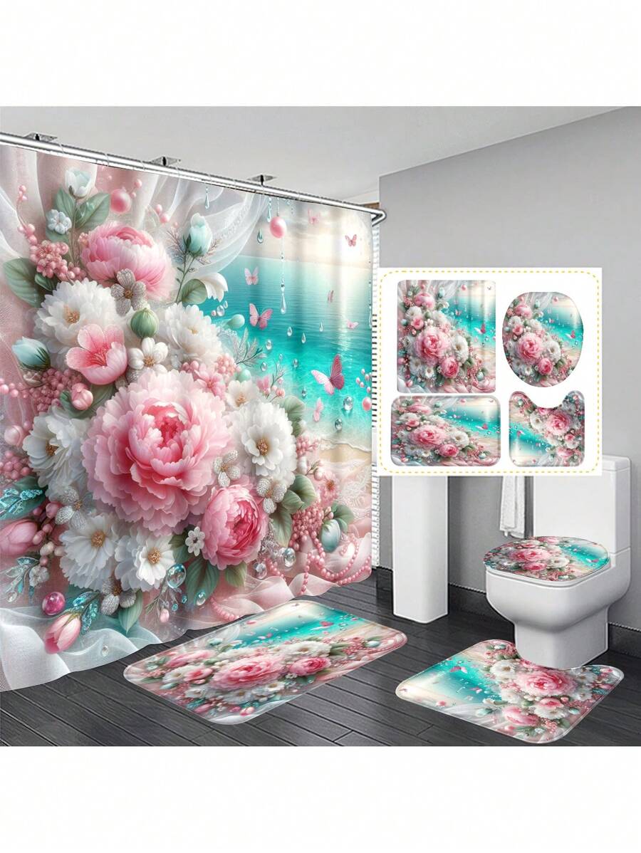 1 peça/4 peças Conjunto de Cortina de Chuveiro com Cenário de Praia Refrescante e Floral, Cria uma Atmosfera Romântica para o Banheiro, Cortina Impressa com 12 Ganchos, Tapete de Banheiro, Tapete em Forma de U para Vaso Sanitário, Tampa de Assento do Vaso Sanitário, Divisória de Banheiro, Acessórios de Banheiro, Decoração de Banheiro