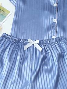 [Elegant Fields]2pcs Women's Satin Striped Short Sleeve Collared Top And Bow Shorts Pajama Set, Spring Summer Loungewear, Cool Light Blue - Blue - View 5