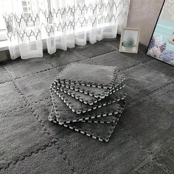 6 Stücke Puzzle-Bodenmatte aus weichem Plüsch, kreative ineinandergreifende Verbindungsfliesen, minimalistisches einfarbiges Design