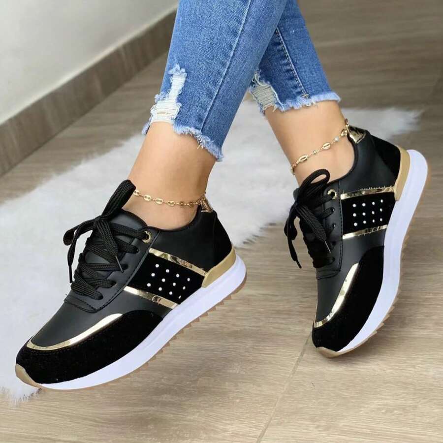 Breathable Women's Round Toe Sneakers - Non-Slip Platform Shoes For Everyday Wear - Black - View 1