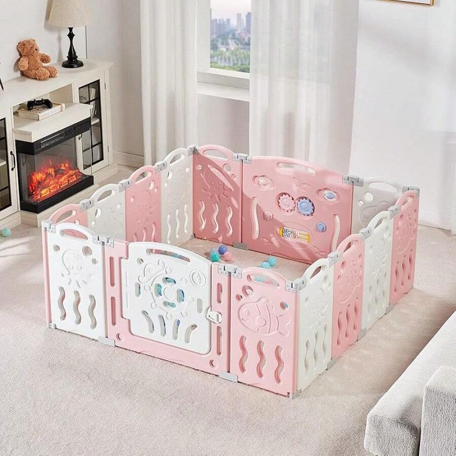Adjustable Baby Playpen With 14/18/22 Panels – Foldable Kids Activity Centre, Portable Safety Play Yard For Indoor And Outdoor Use - 粉色 - 查看 1