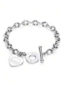 1pc Women's Sterling Silver Classic Engraved Heart Lip Chain Ot Bracelet