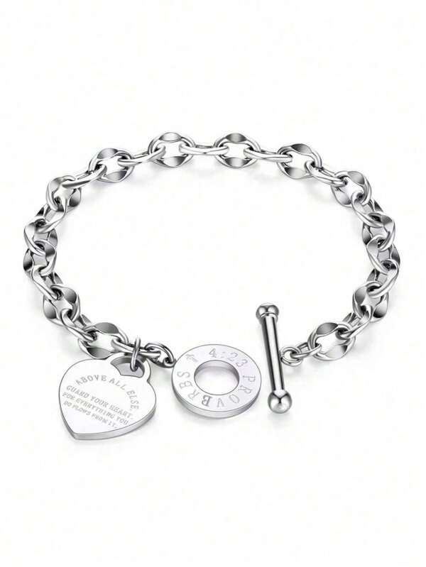 1pc Women's Sterling Silver Classic Engraved Heart Lip Chain Ot Bracelet
