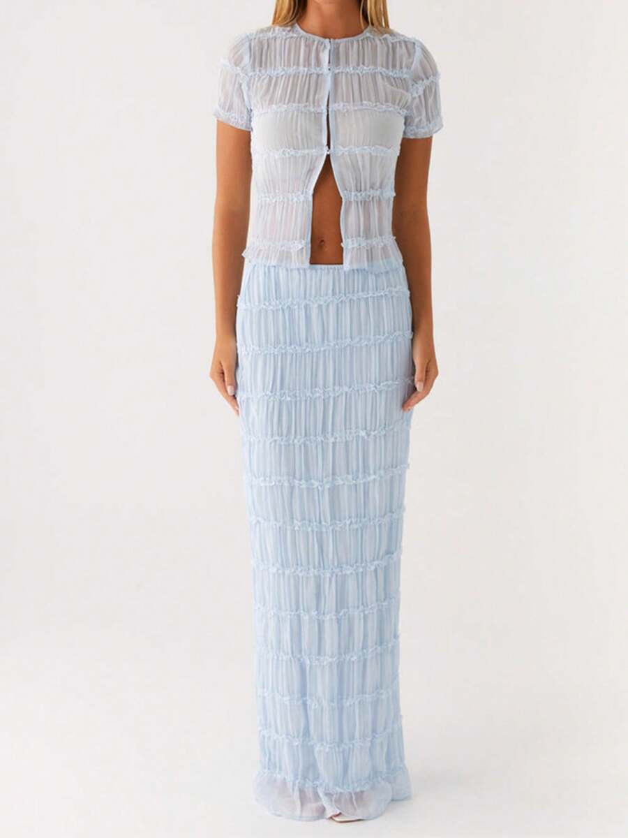 Women Y2k 2 Piece Maxi Skirt Set Lace Short Sleeve Top And Tiered Flowy Ruffle Long Skirt Beach Sheer Outfits - 藍色 - 查看 1