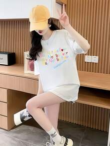 图案印花短袖 T 恤，女士休闲夏季上衣