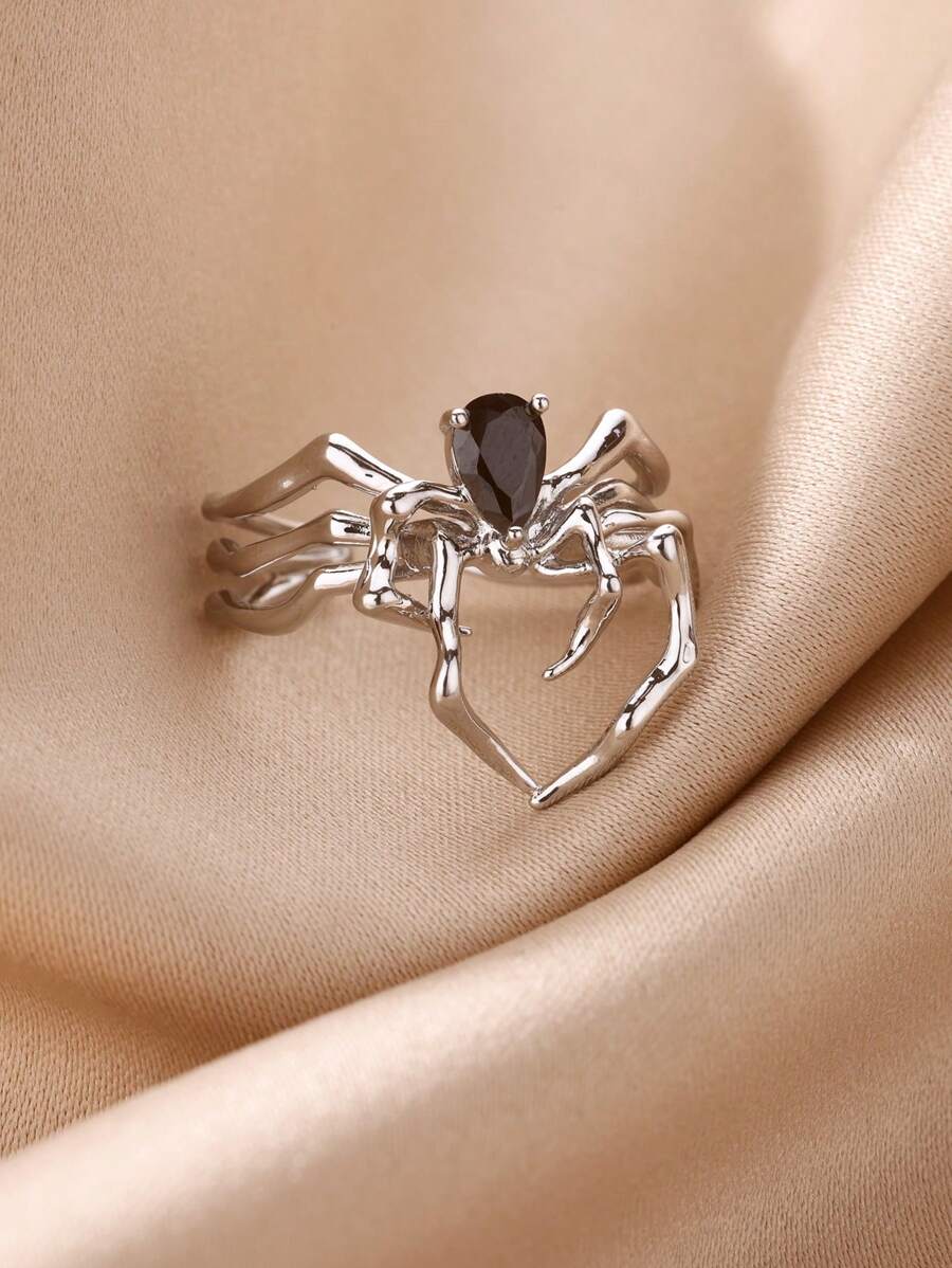 1Pc Punk Style Spider Open Ring For Women Girls Diablo Style Black Zirconia Finger Ring Halloween Accessories Fashion Jewelry