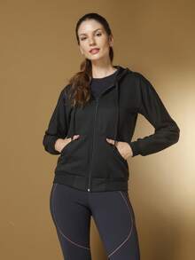 Women's Cold Weather Blouse Sweatshirt Coat With Zipper And Plain Hood Various Colors - 黑色 - 查看 1