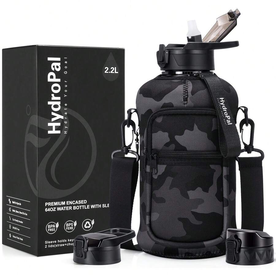 UKEIN Half Gallon Water Bottle With Storage Sleeve, 74oz Large Water Bottle With 2 Lids(Straw Lid And Chug Lid), Big Sports Water Jug For Gym With Strap, Drink Container With Handle - 黑色迷彩 - 查看 1